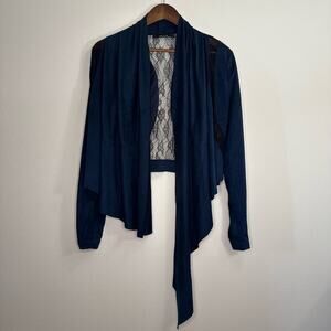 Ark & Co. Size L Asymmetrical Navy Blue and Black Open Cardigan with Lace